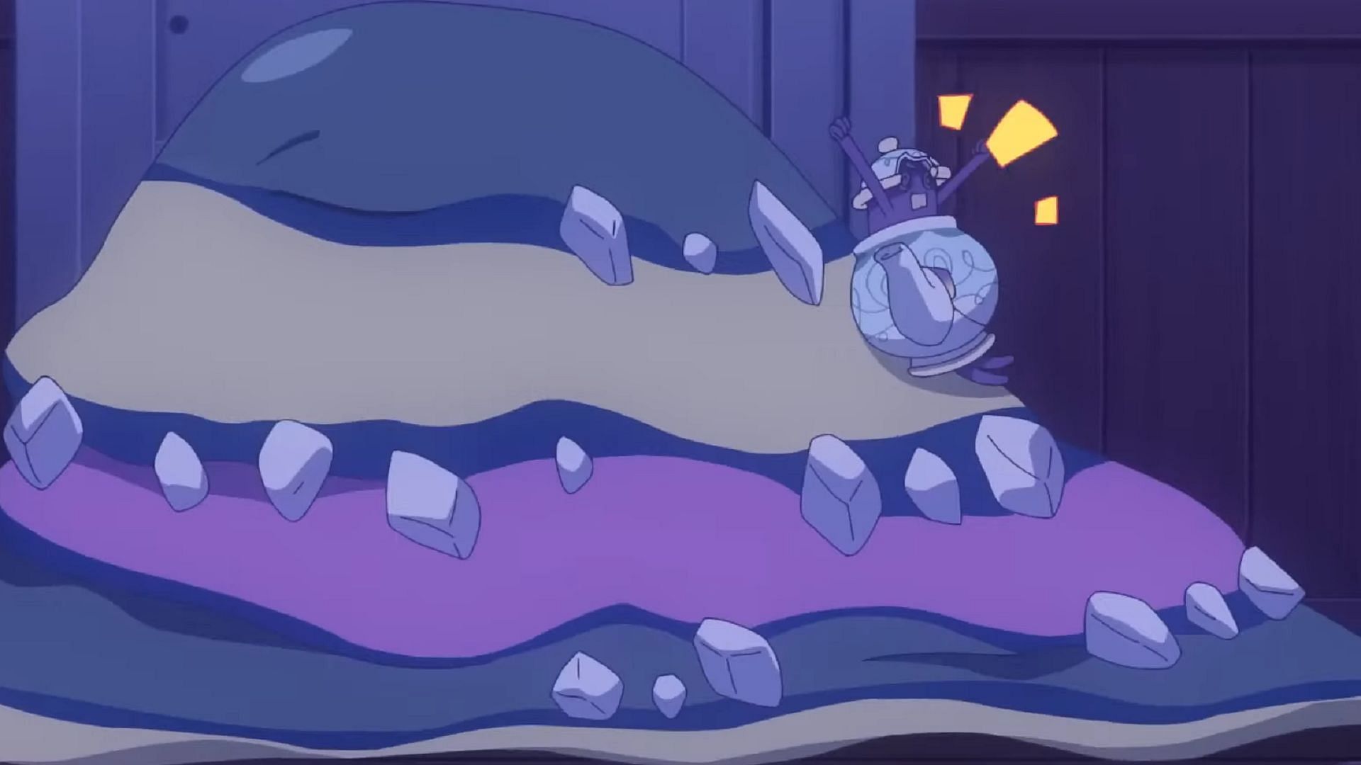 Polteageist gets stuck to Alolan Muk&#039;s back in Pokemon Horizons Episode 30 (Image via The Pokemon Company)