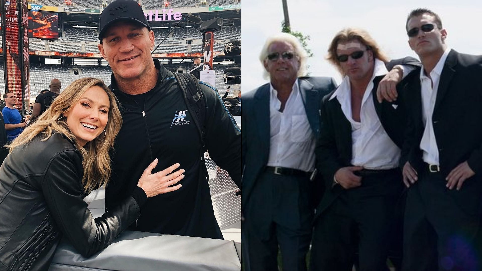 Stacy Keibler and Randy Orton (left); Ric Flair, Triple H, and Randy Orton (right)