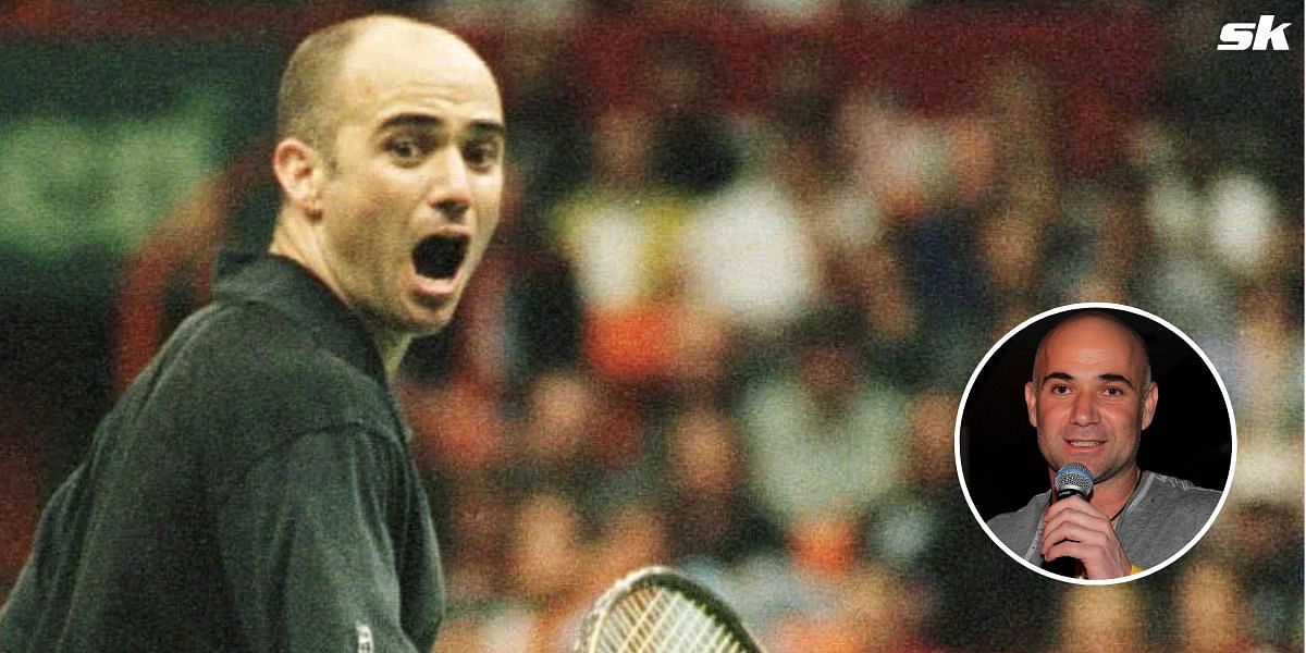 Andre Agassi speaks at an event (inset)
