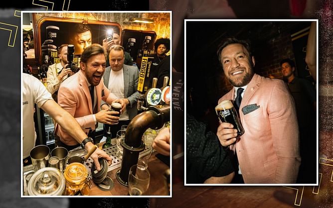 Conor McGregor reacts after Forged Irish Stout arrives in the United States
