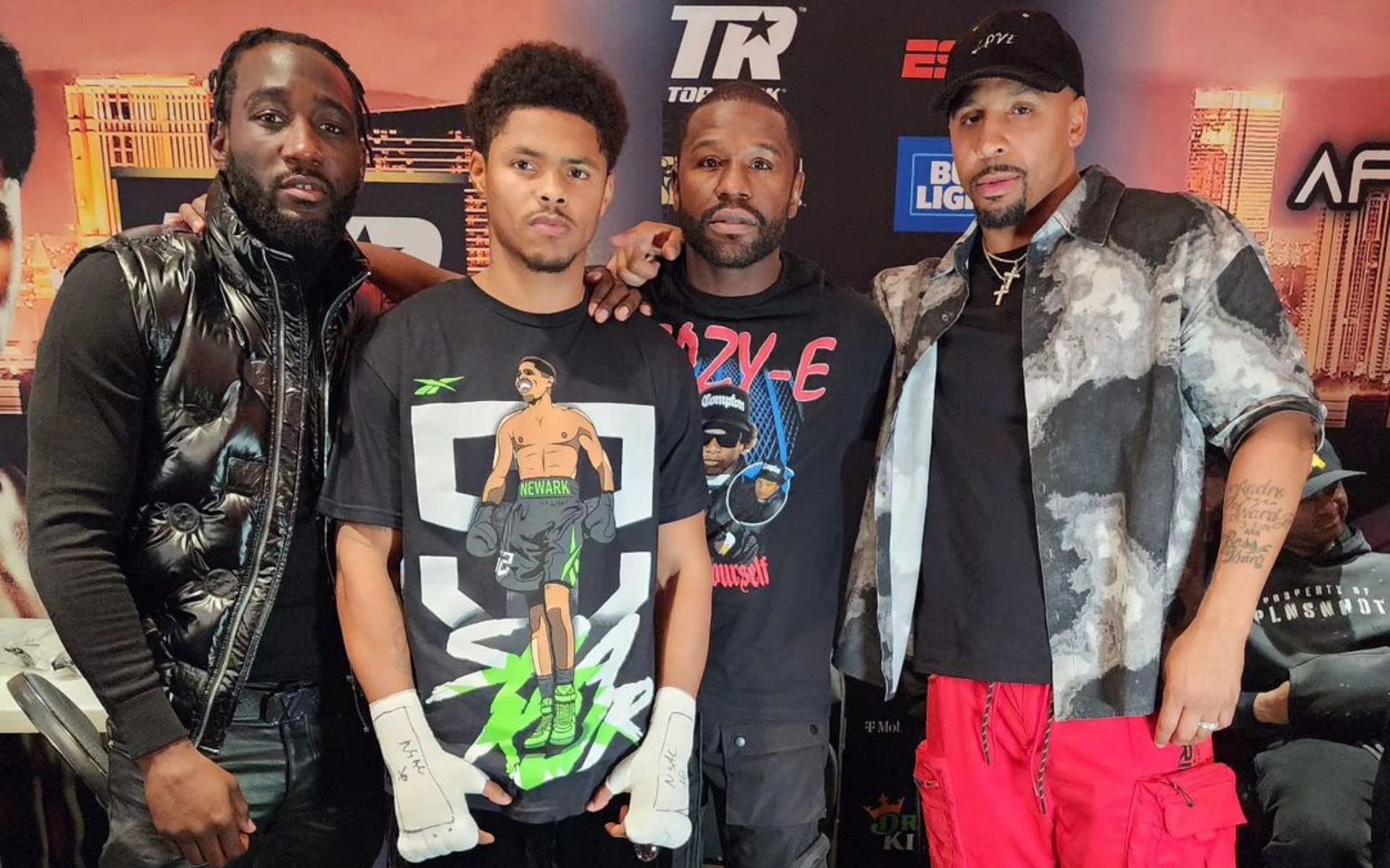 Terence Crawford (left) Shakur Stevenson (second to left) Floyd Mayweather Jr. (second to right) Andre Ward (right) [Image courtesy @tbudcrawford on Instagram]