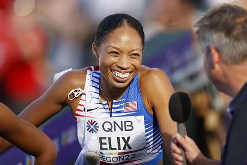 Allyson Felix of Team United States interviews after competing in the Women's 4x400m Relay heats at the 2022 World Athletics Championships at Hayward Field in Eugene, Oregon.