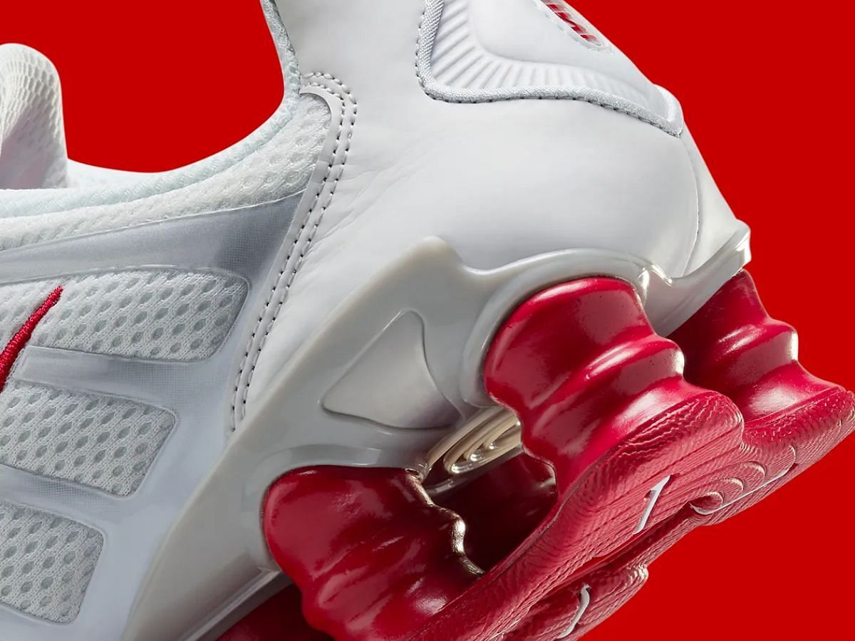 The sole of Nike Shox TL Platinum Tint/Gym Red sneakers (Image via Sneaker News)