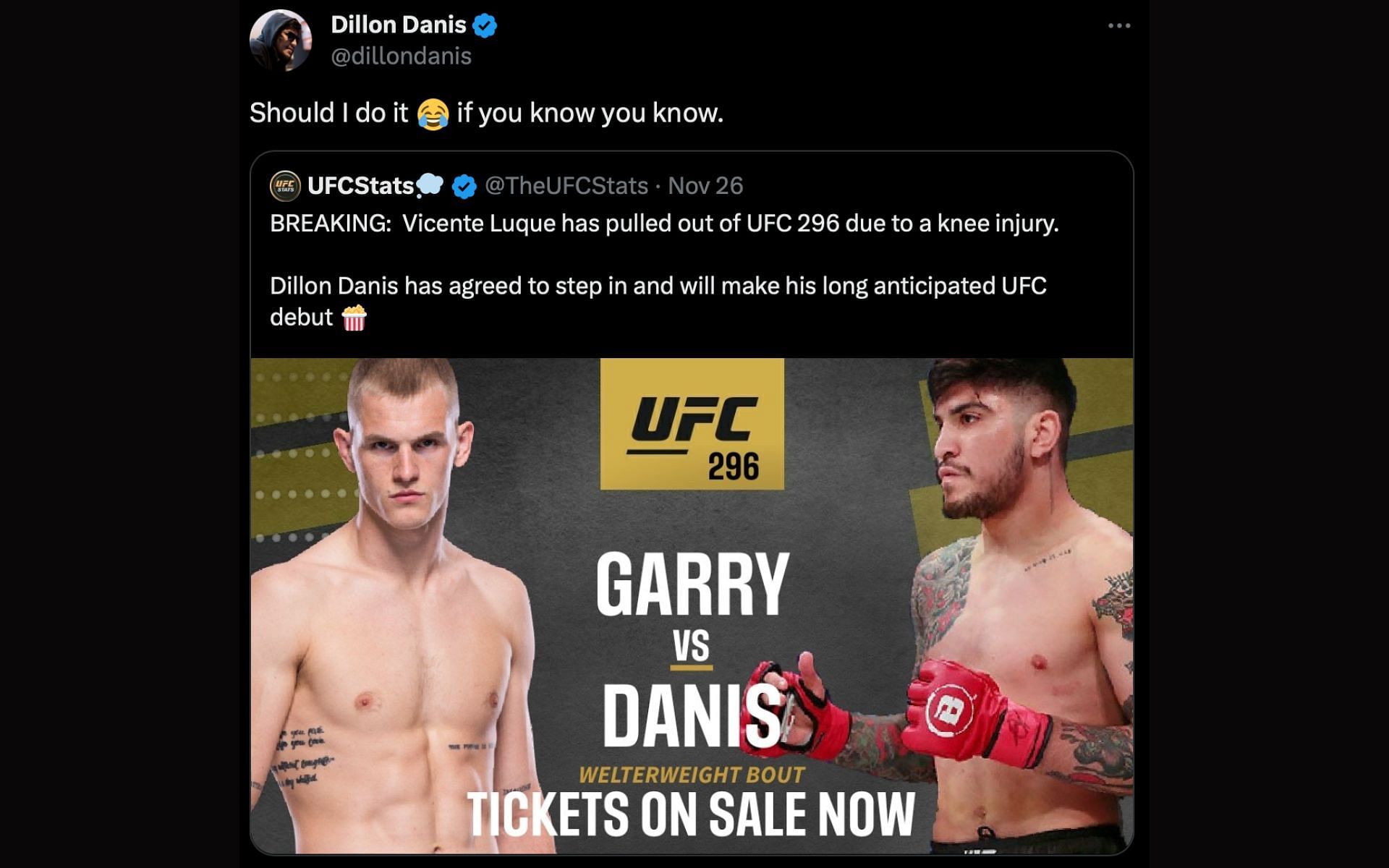 Dillon Danis teases a UFC debut matchup against Ian Garry. [via X @dillondanis]