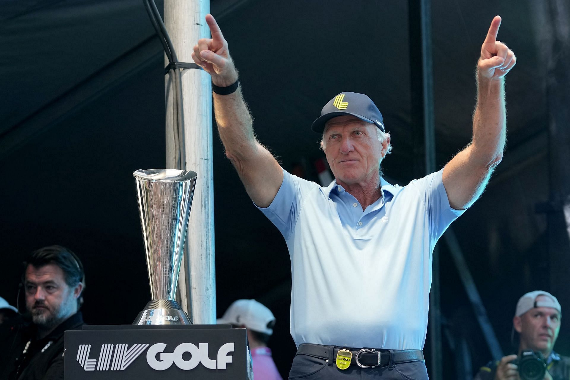 LIV Golf CEO Greg Norman during an award presentation at the LIV Golf Team Championship at the Trump National Doral