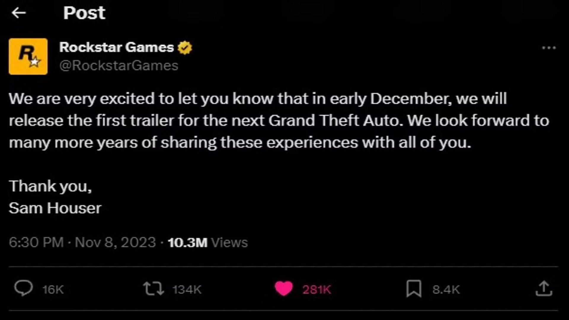 A screenshot of Rockstar Games&#039; tweet about the upcoming Grand Theft Auto 6 trailer (Image via X)