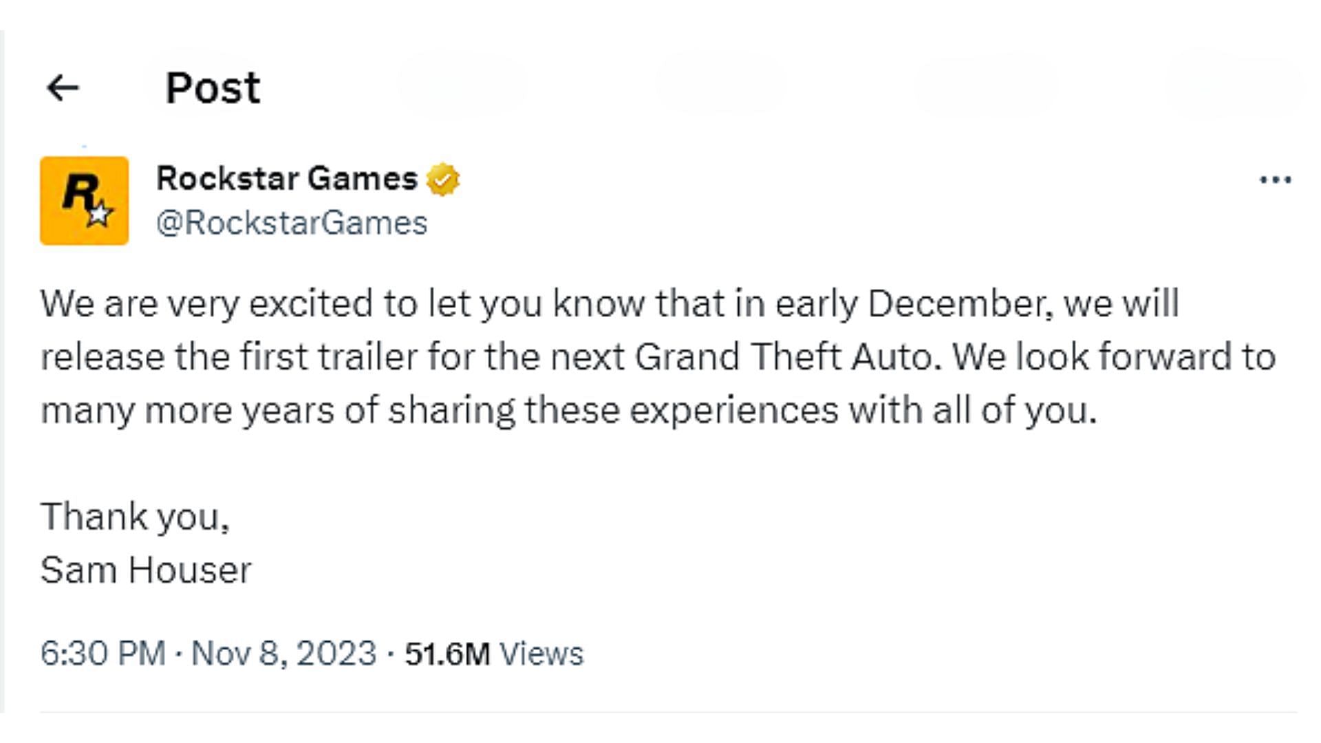Rockstar Games confirms GTA 6 trailer will release in December this year (Image via X/@RockstarGames)