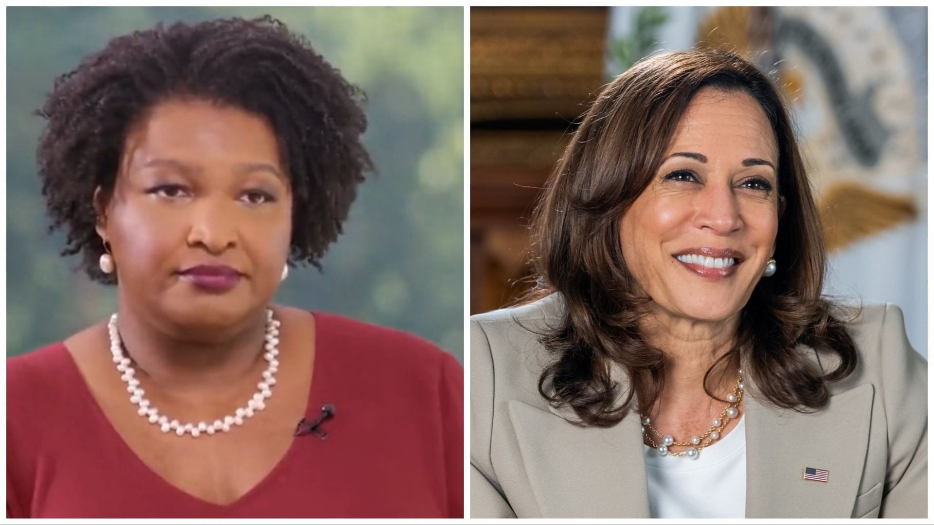 Stacey Abrams blames misogyny and racism for the increased scrutiny of Kamala Harris (Image via X/@InsideWithPsaki, Instagram/@kamalaharris)