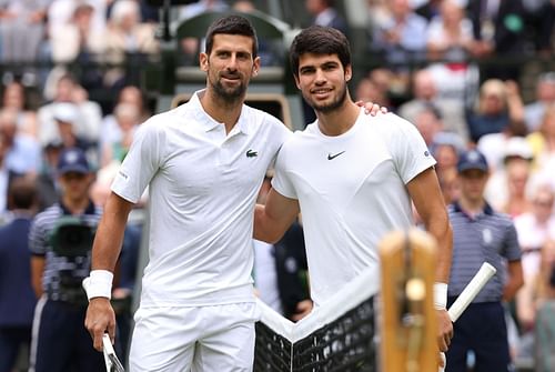 Carlos Alcaraz and Novak Djokovic at the 2023 Wimbledon Championships.