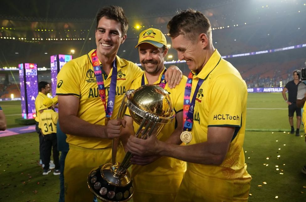Pat Cummins, Travis Head, Marnus Labuschagne lifting the 2023 ODI World Cup [Getty Images]