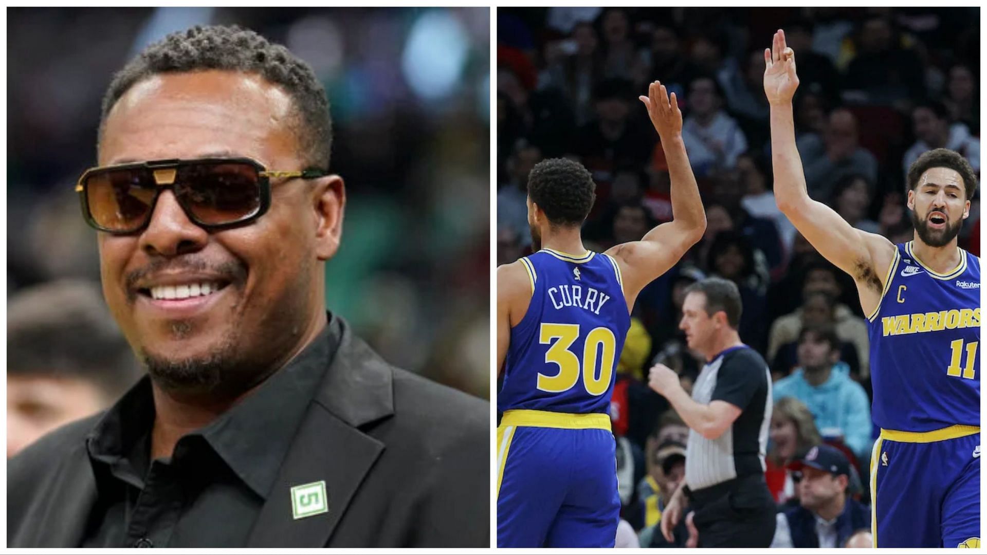 Paul Pierce (left) opened up about the early struggles of the Golden State Warriors and the status of Klay Thompson and Steph Curry (right)