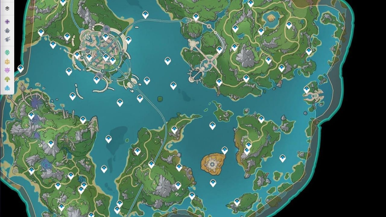 Fontaine map overworld view in Genshin Impact Interactive Map (Image via HoYoverse)