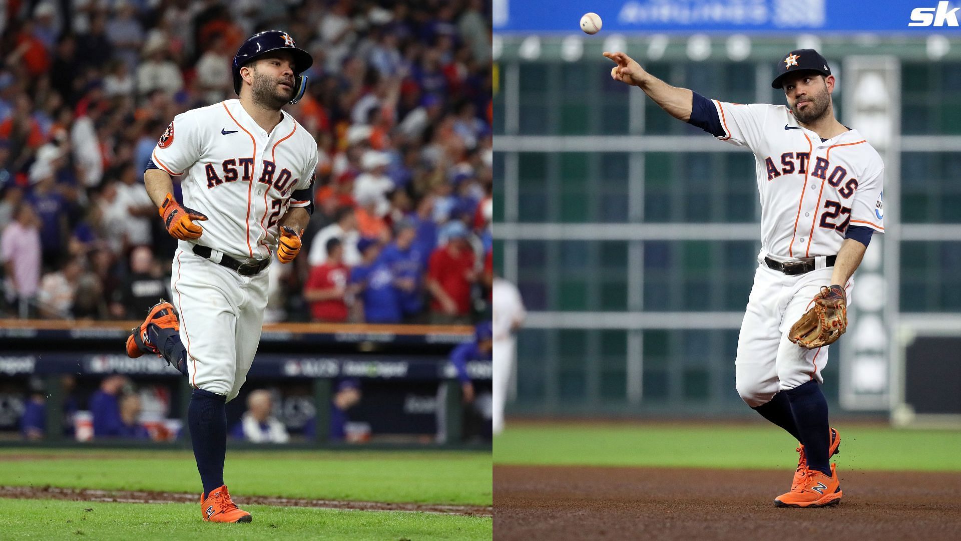 Jose Altuve of the Houston Astros throws out Jonah Heim of the Texas Rangers during the ALCS