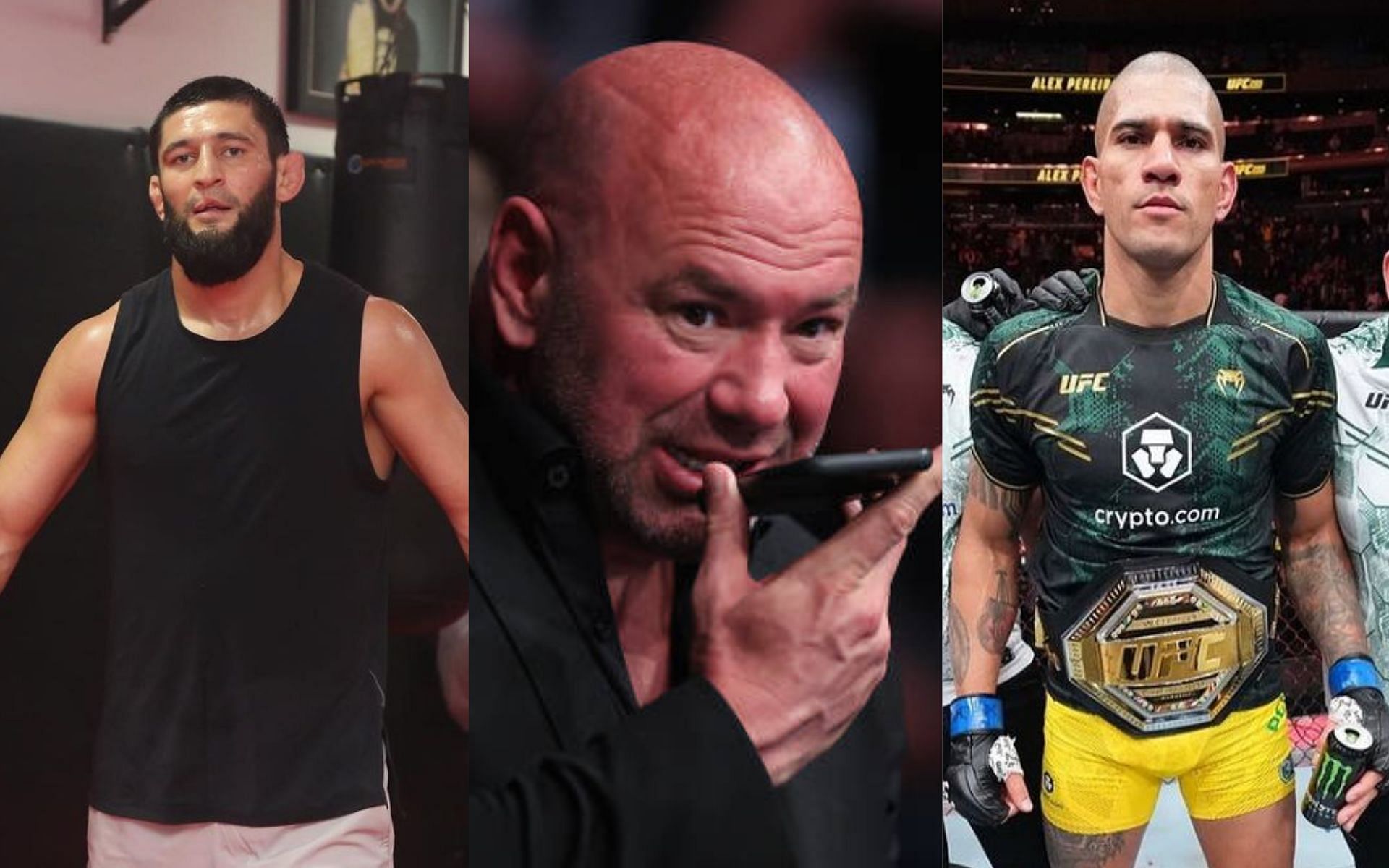 Khamzat Chimaev (left), Dana White (center), and Alex Pereira (right) (Image credits @khamzat_chimaev, @danawhite, and @alexpoatanpereira on Instagram)