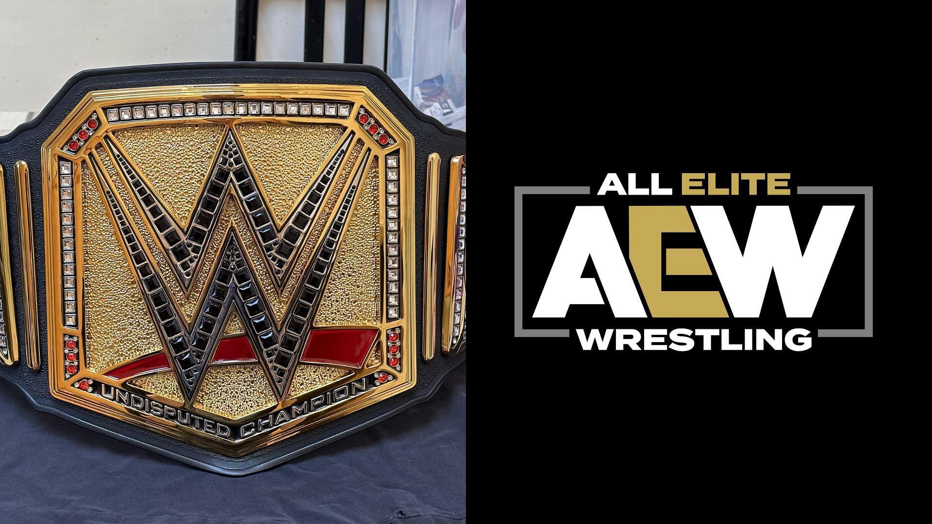 Undisputed WWE Championship (left), AEW logo (right)
