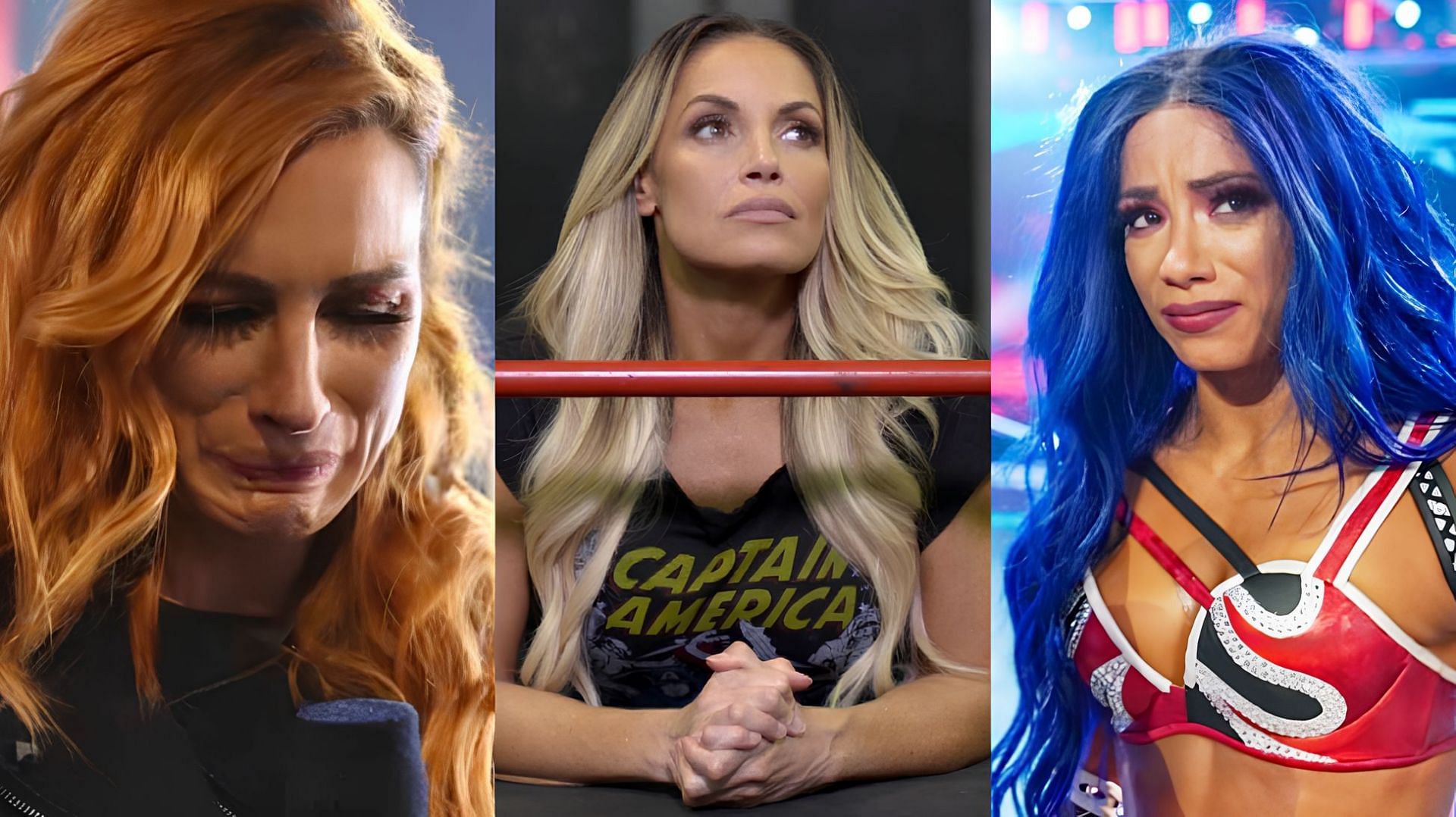 Becky Lynch (left), Trish Stratus (middle) and Sasha Banks (right)