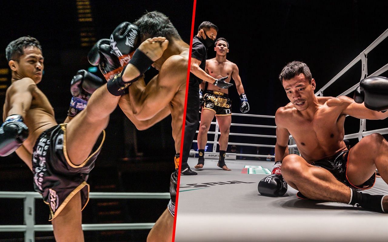 Superbon fighting Sitthichai (photos left and right) | Image credit: ONE Championship