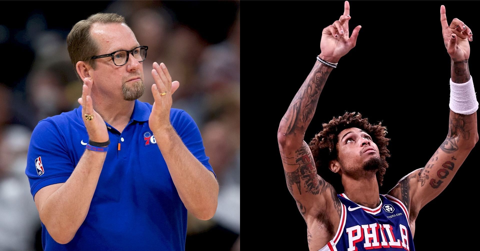 Philadelphia 76ers coach Nick Nurse and Sixers wing Kelly Oubre Jr.