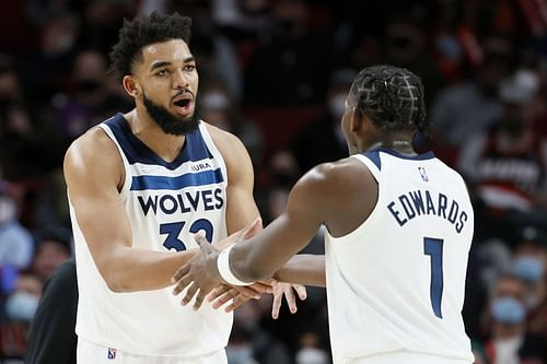 Karl-Anthony Towns and Anthony Edwards of the Minnesota Timberwolves