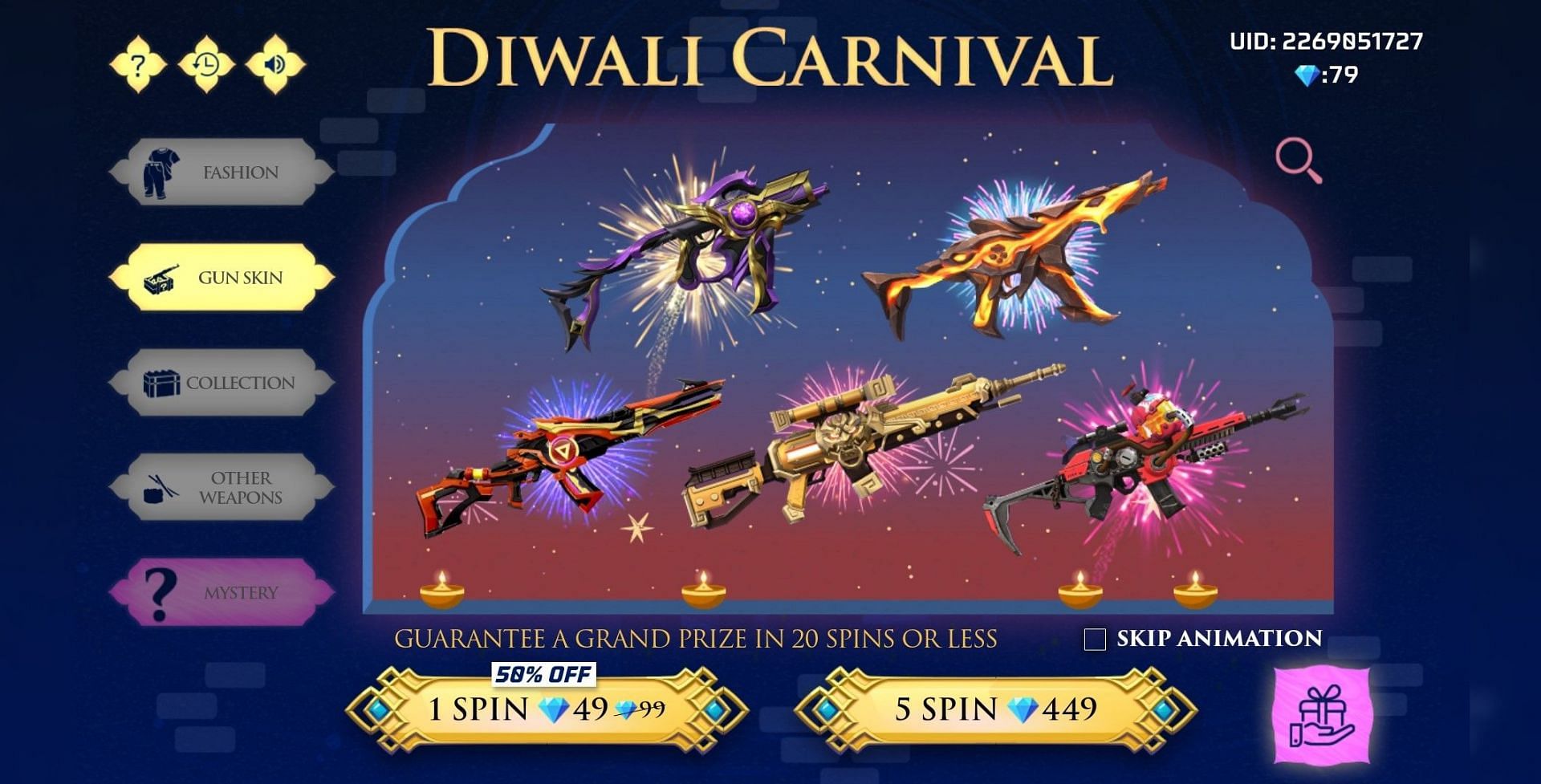 Diwali Carnival Gun Skin Prize Pool (Image via Garena)