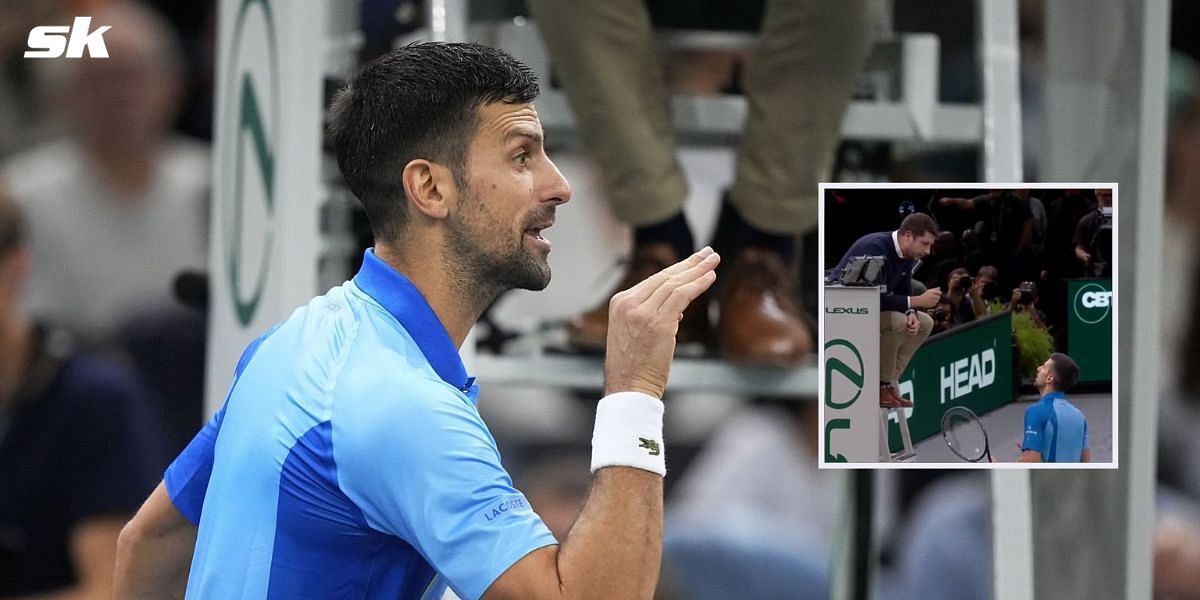 Novak Djokovic argues with chair umpire at Paris Masters (inset)