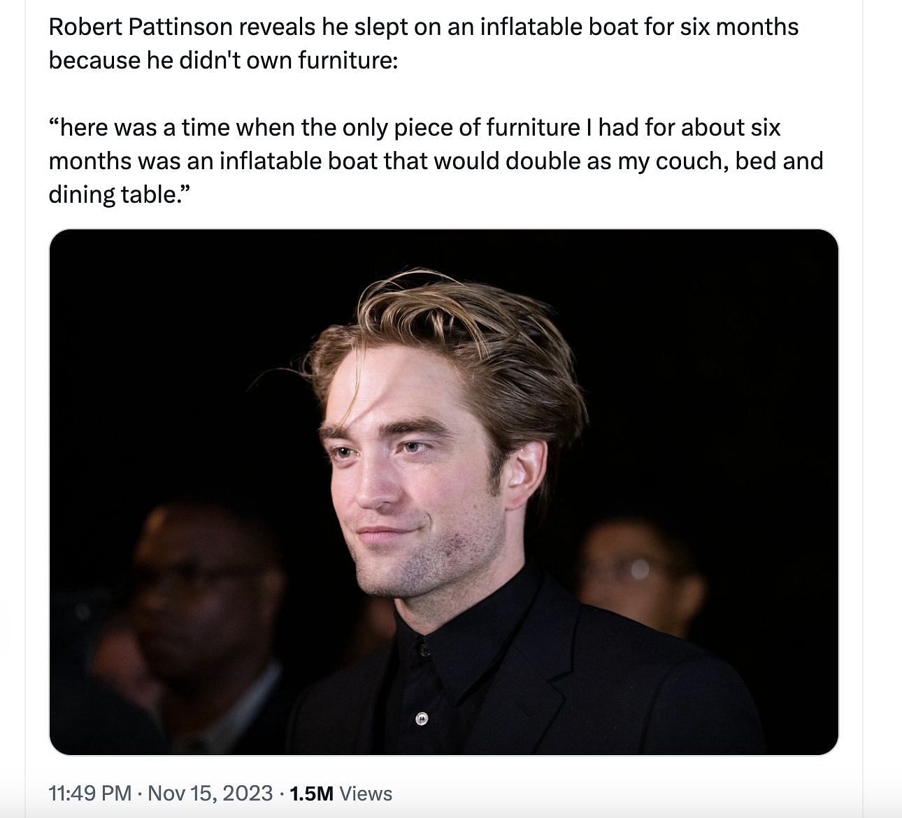Social media users reacted to Pattinson&#039;s claims about sleeping on an inflatable boat for 6 months. (Image via Twitter)