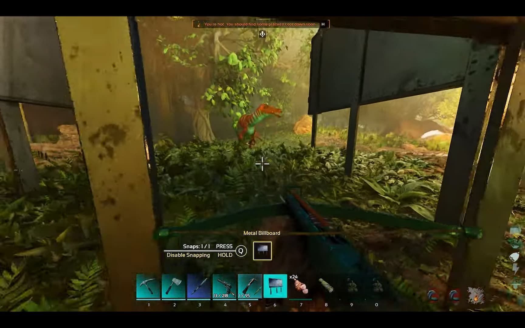 Luring a Baryonyx into a Metal Billboard trap in ARK Survival Ascended (Image via Studio Wildcard)