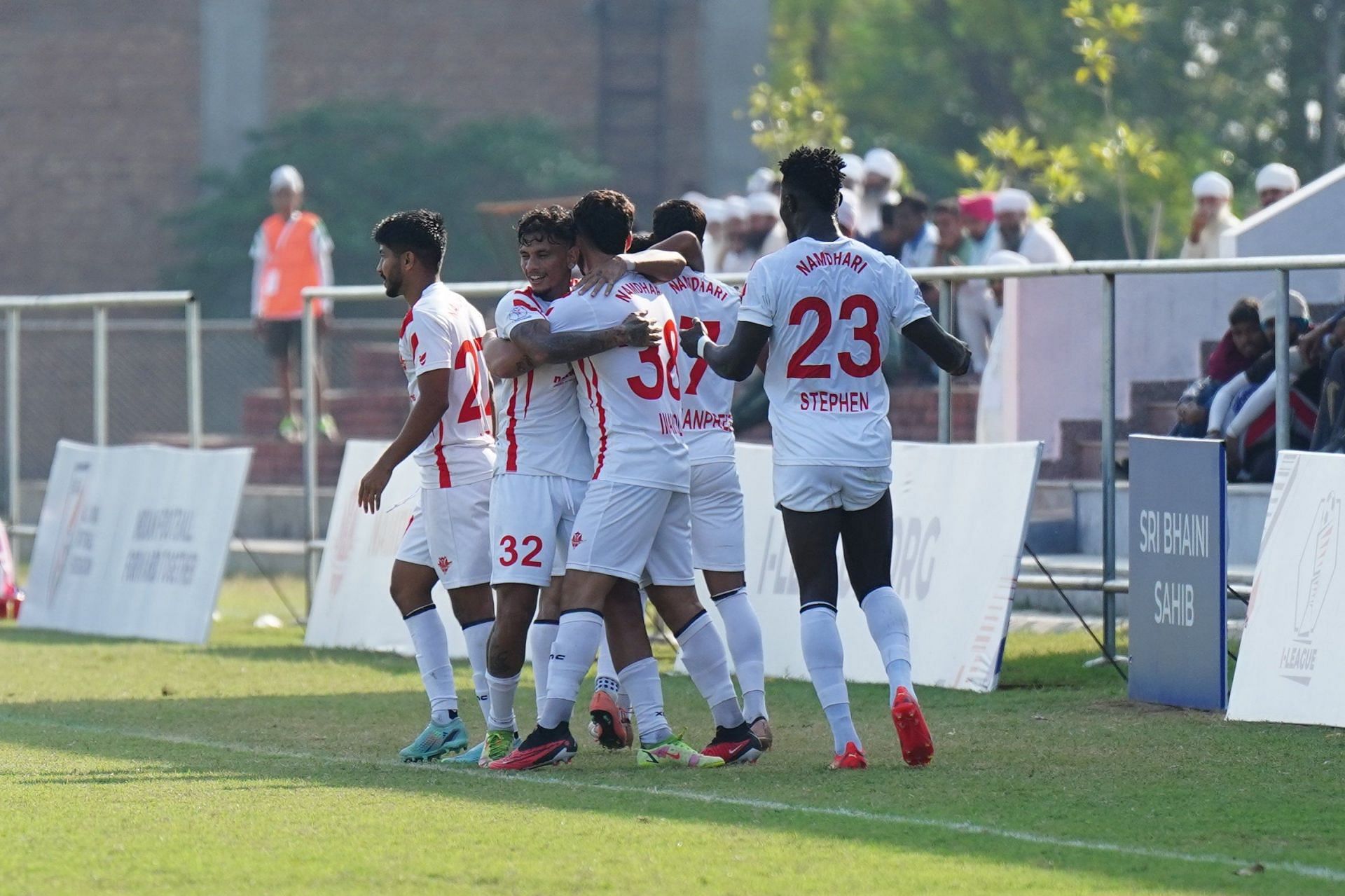 Namdhari FC celebrating their goal against Real Kashmir