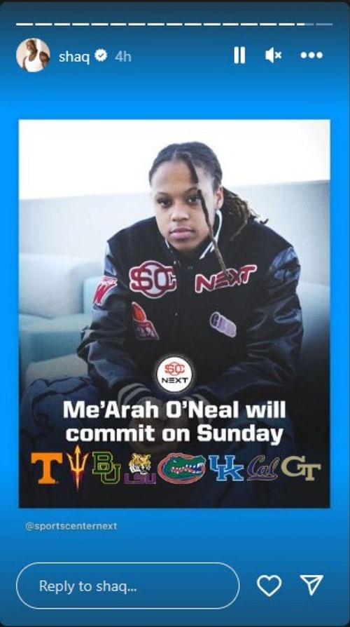 Shaquille O'Neal Instagram story on daughter Me'Arah