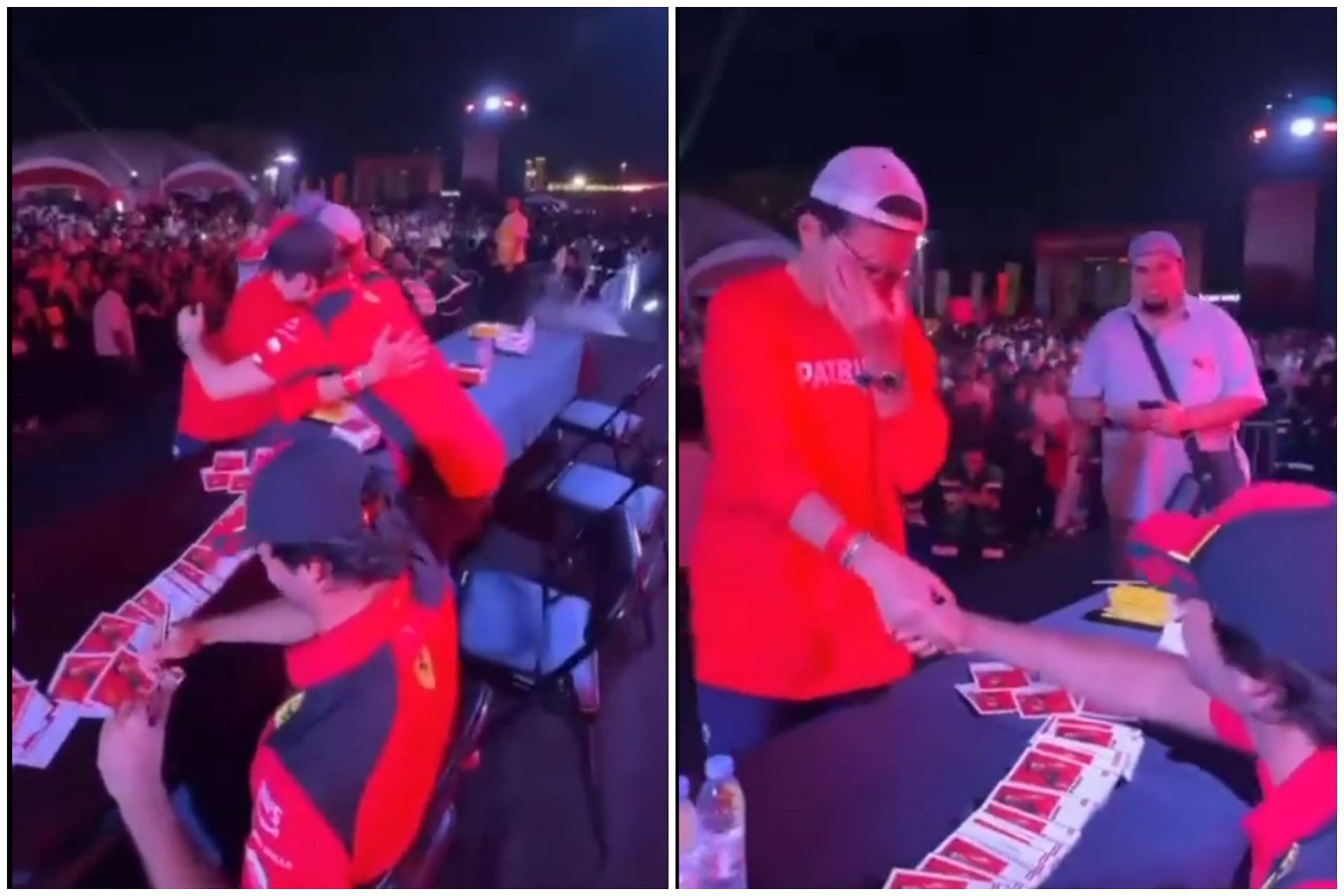 A fan breaks down while meeting Carlos Sainz and Charles Leclerc at a recent Ferrari event (Image via Sportskeeda)