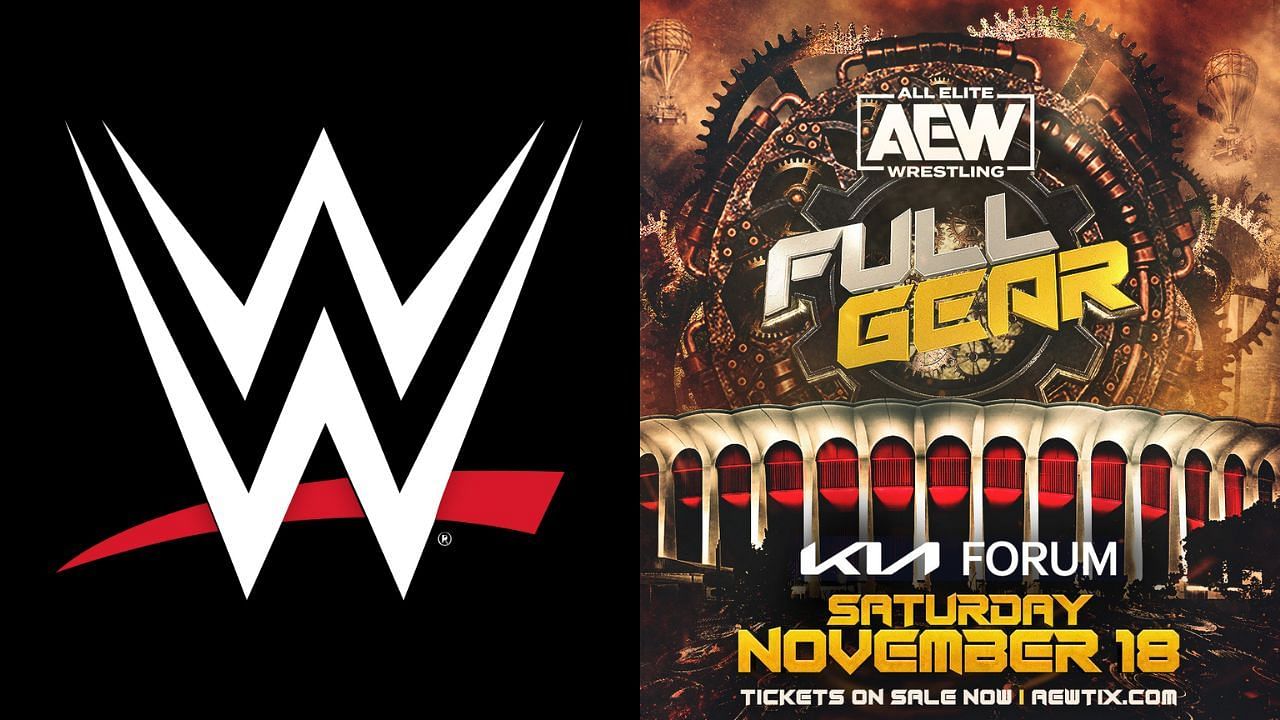 WWE logo (left) and AEW Full Gear logo (right)