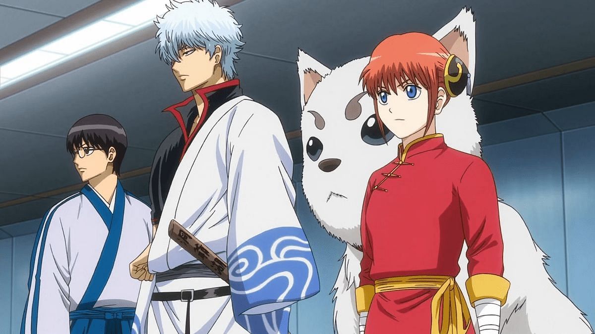 Gintoki Sakata along with Kagura, Shinpachi, and Sadaharu as seen in Gintama(image via Studio Sunrise)