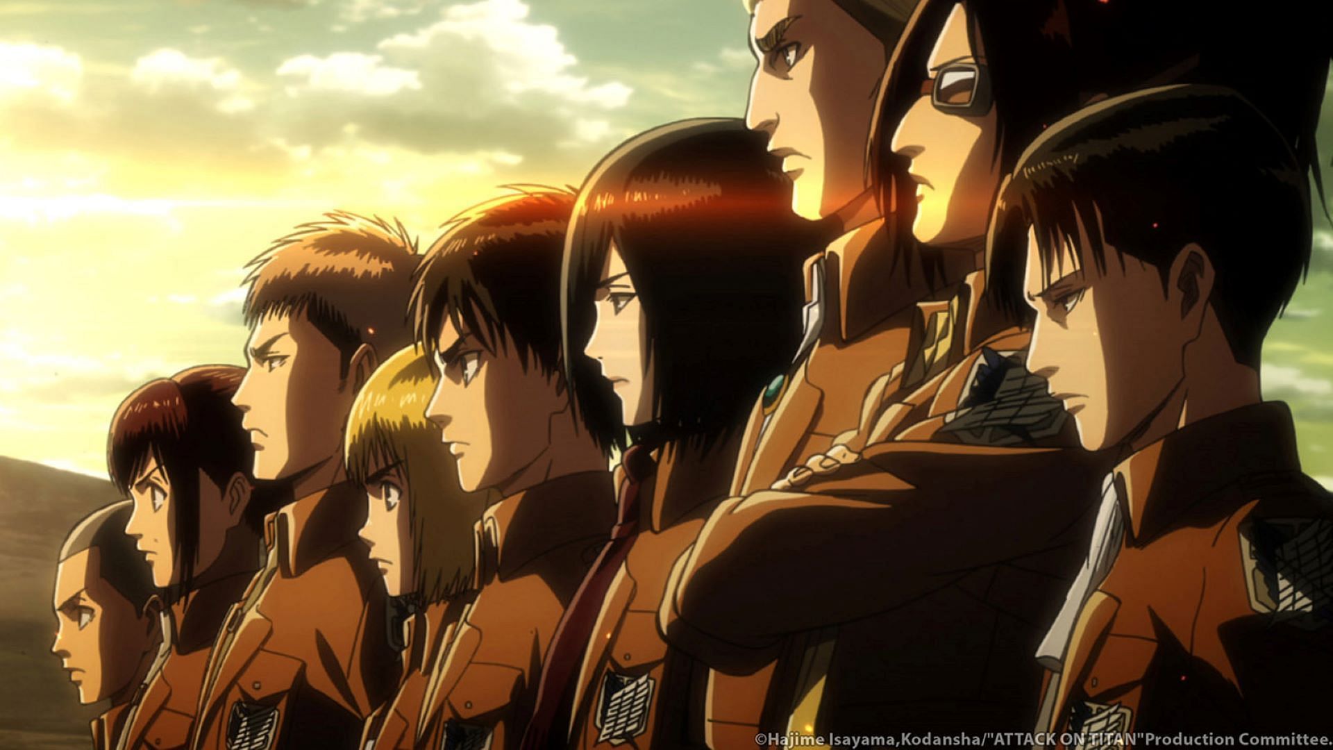 A lineup of the Attack on Titan protagonists. (Image via Studio MAPPA)
