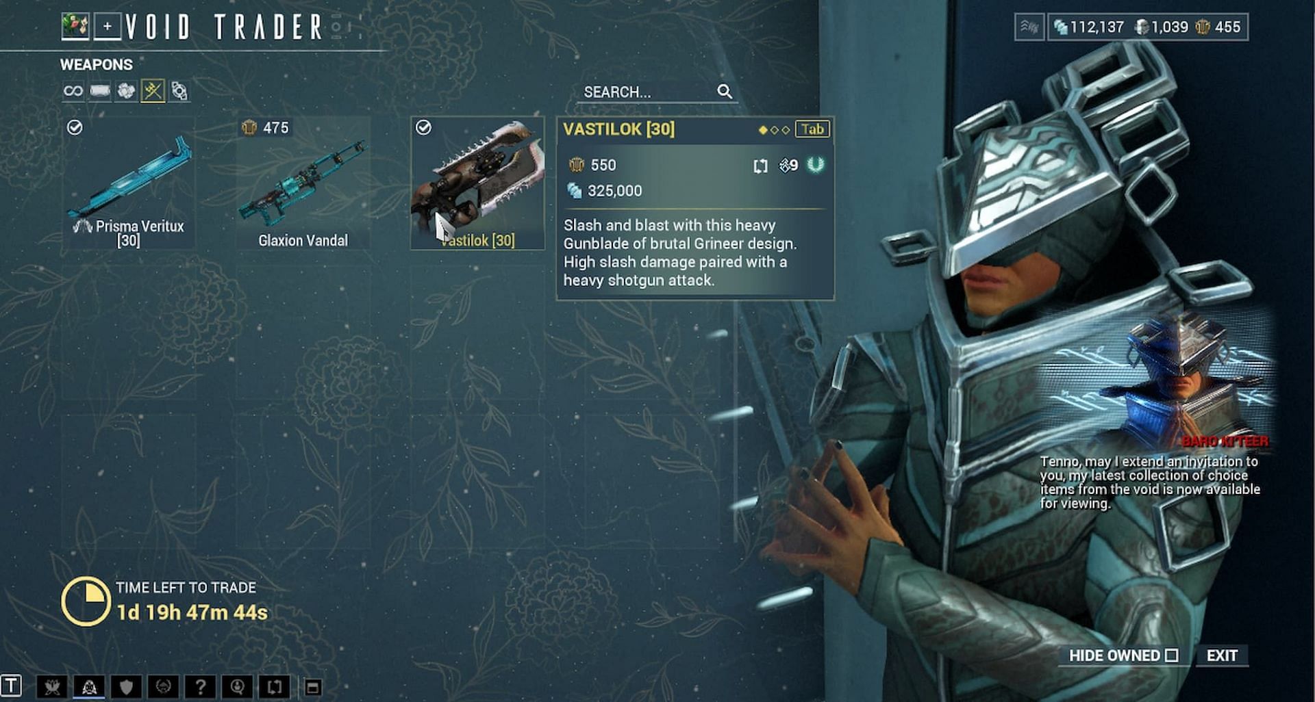 Baro Ki&#039;teer can potentially sell the Vastilok for a high Ducat price (Image via Digital Extremes)