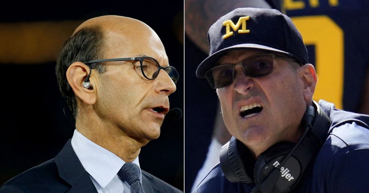 Paul Finebaum (left), Jim Harbaugh (right)