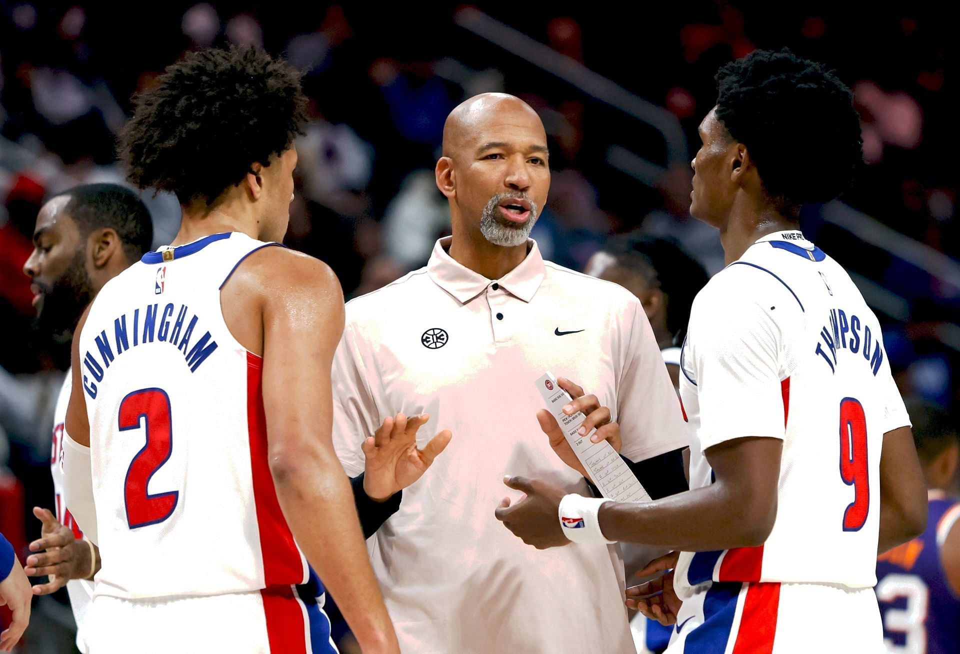 Cade Cunningham and rookie Ausar Thompson of the Detroit Pistons with coach Monty Williams