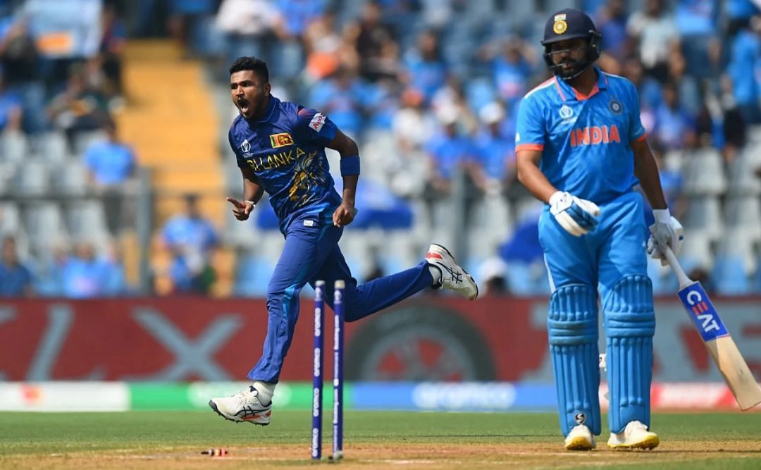 Dilshan Madushanka pumped up after taking Rohit Sharma&#039;s wicket. [Getty Images]