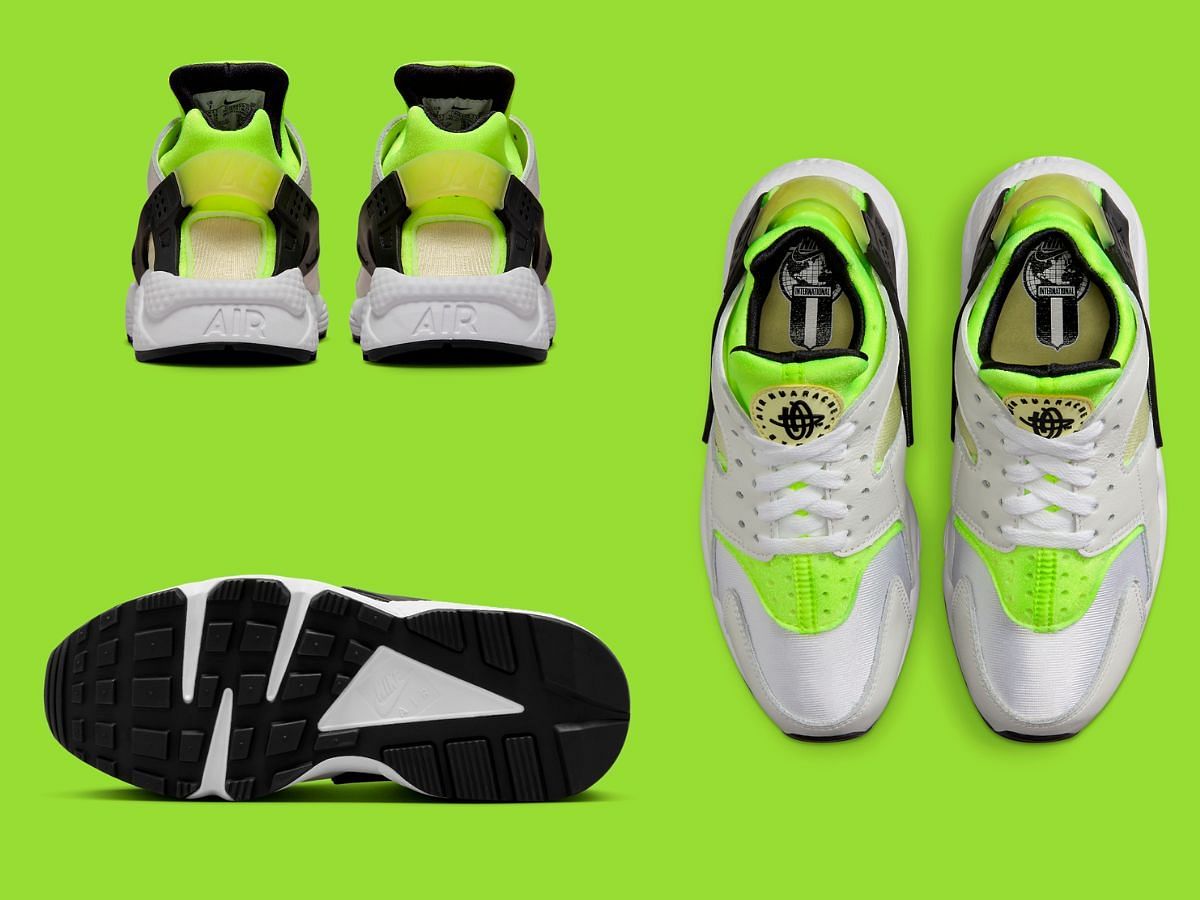 Overview of Nike Air Huarache White/Volt sneakers (Image via Sneaker News)