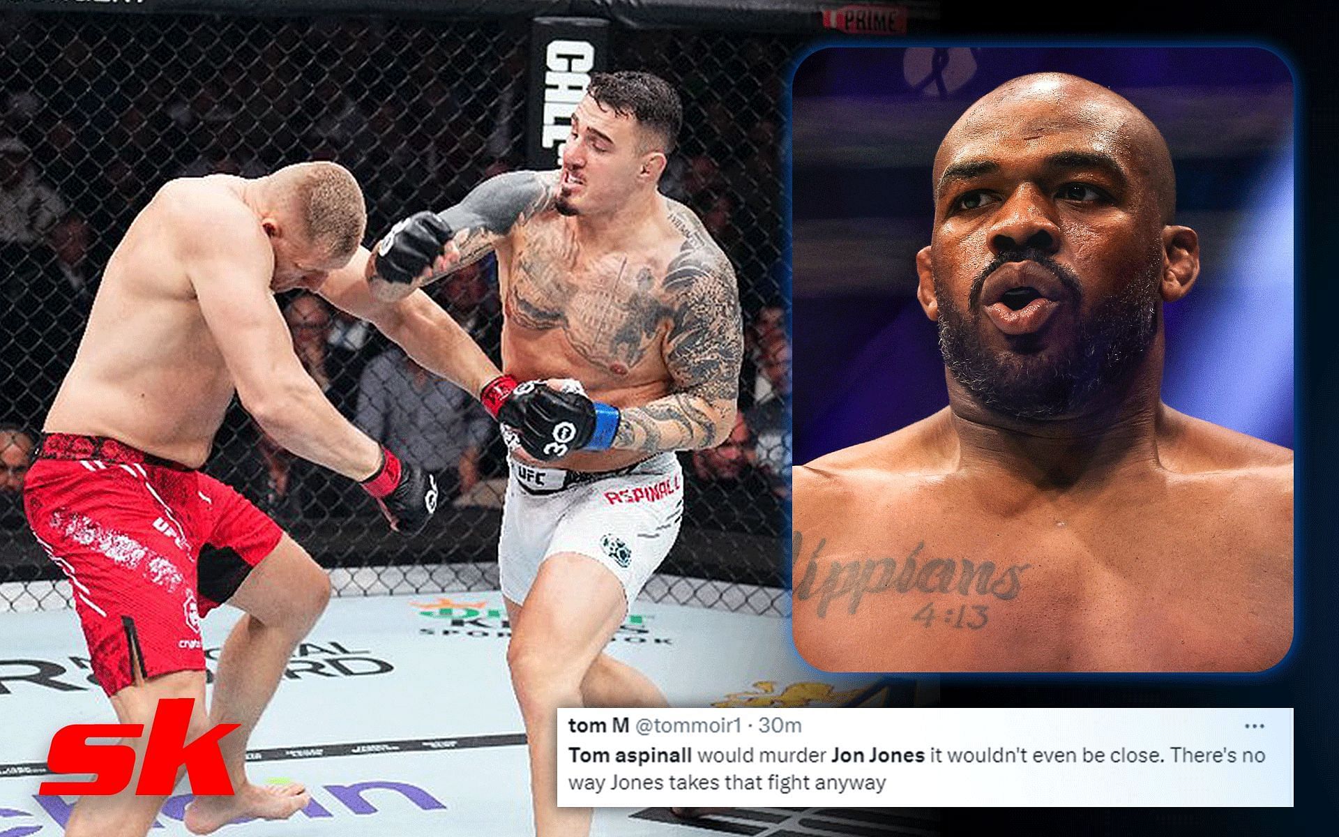 Tom Aspinall during his UFC 295 fight (left) and Jon Jones (right) (Images via @UFCNews and Getty)