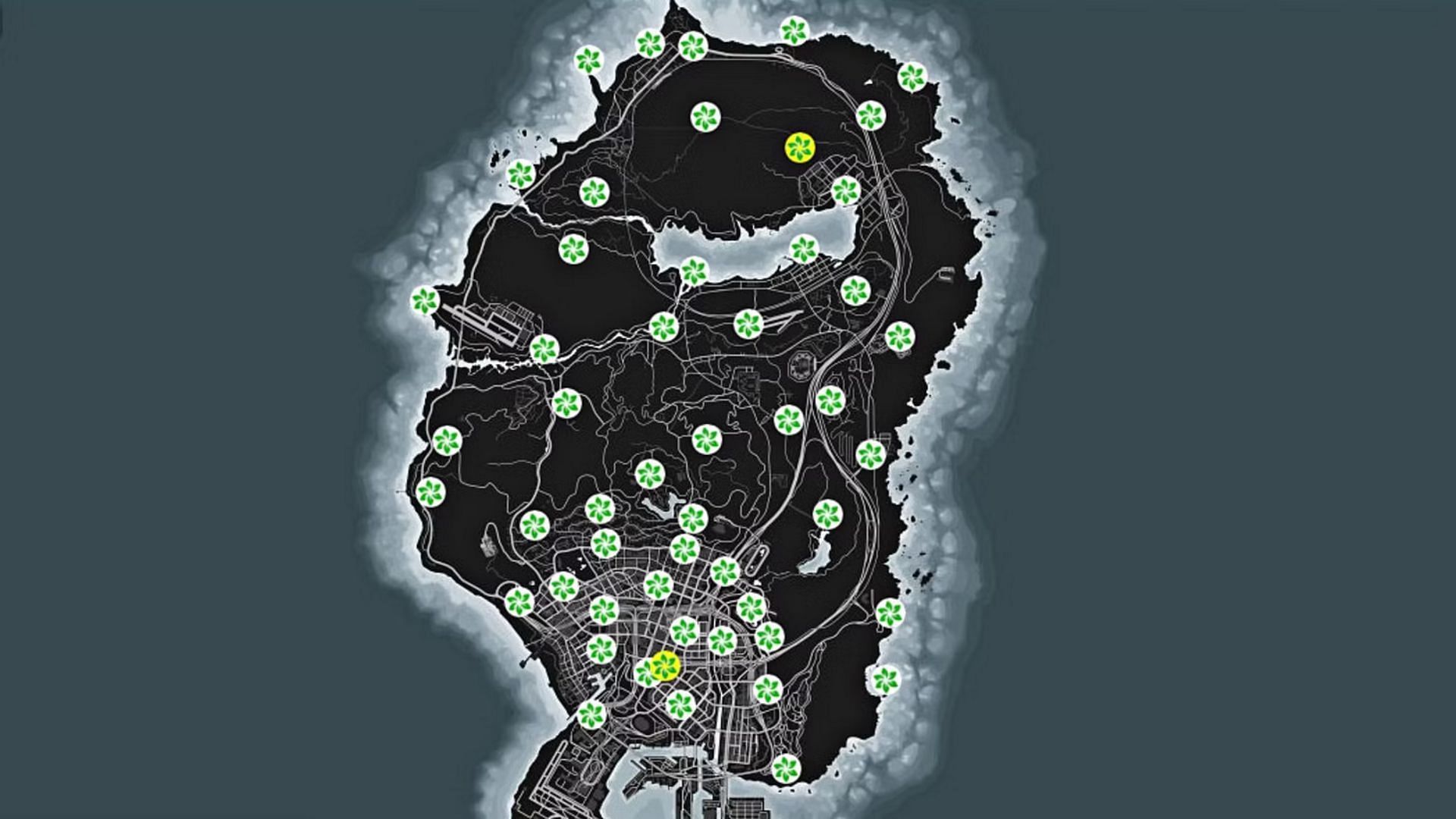 The location of all the currently available Peyote Plants in GTA Online (Image via gtaweb.eu)