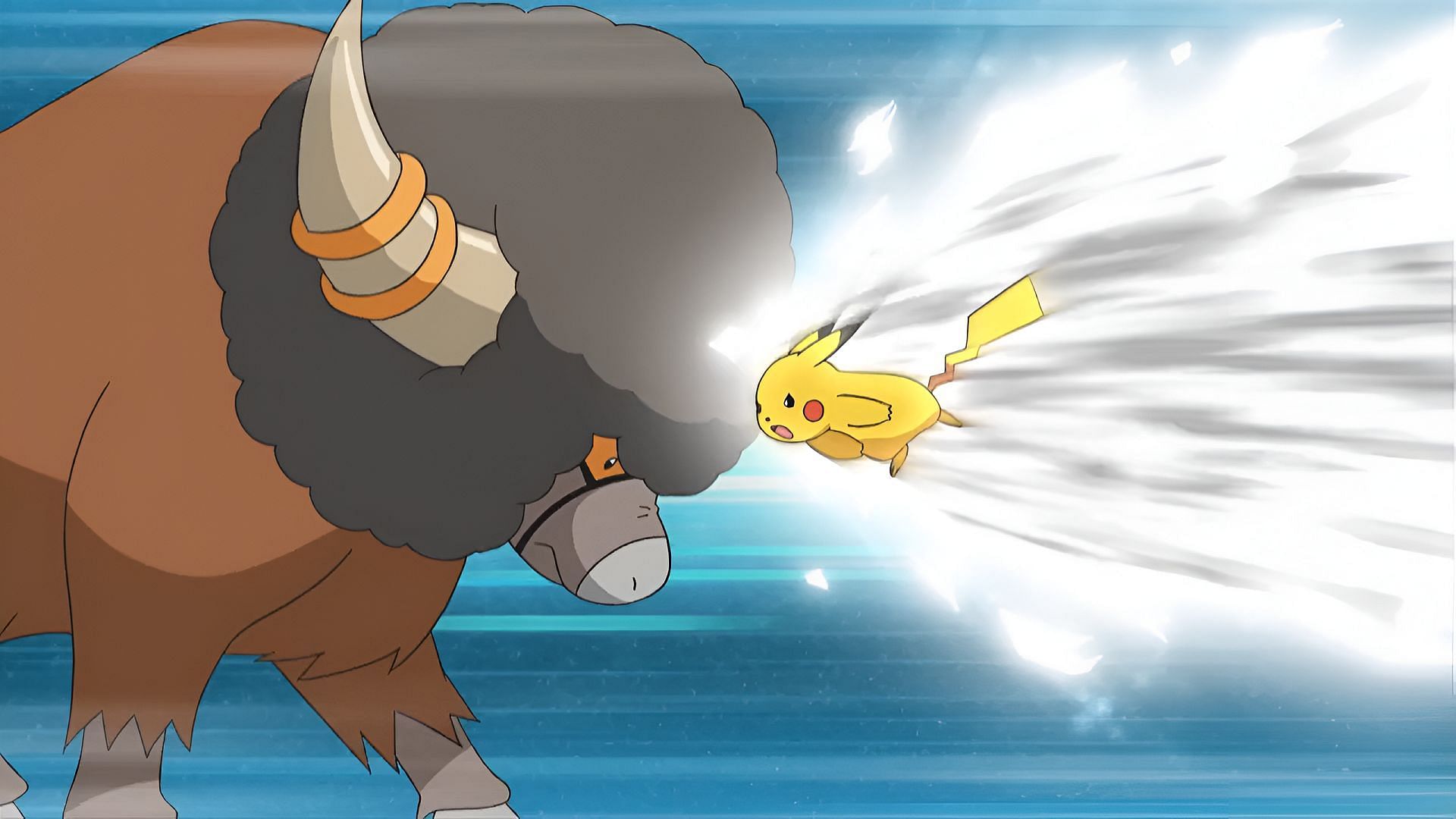 Pikachu battles Alder&#039;s Bouffalant in the Sinnoh region (Image via The Pokemon Company)