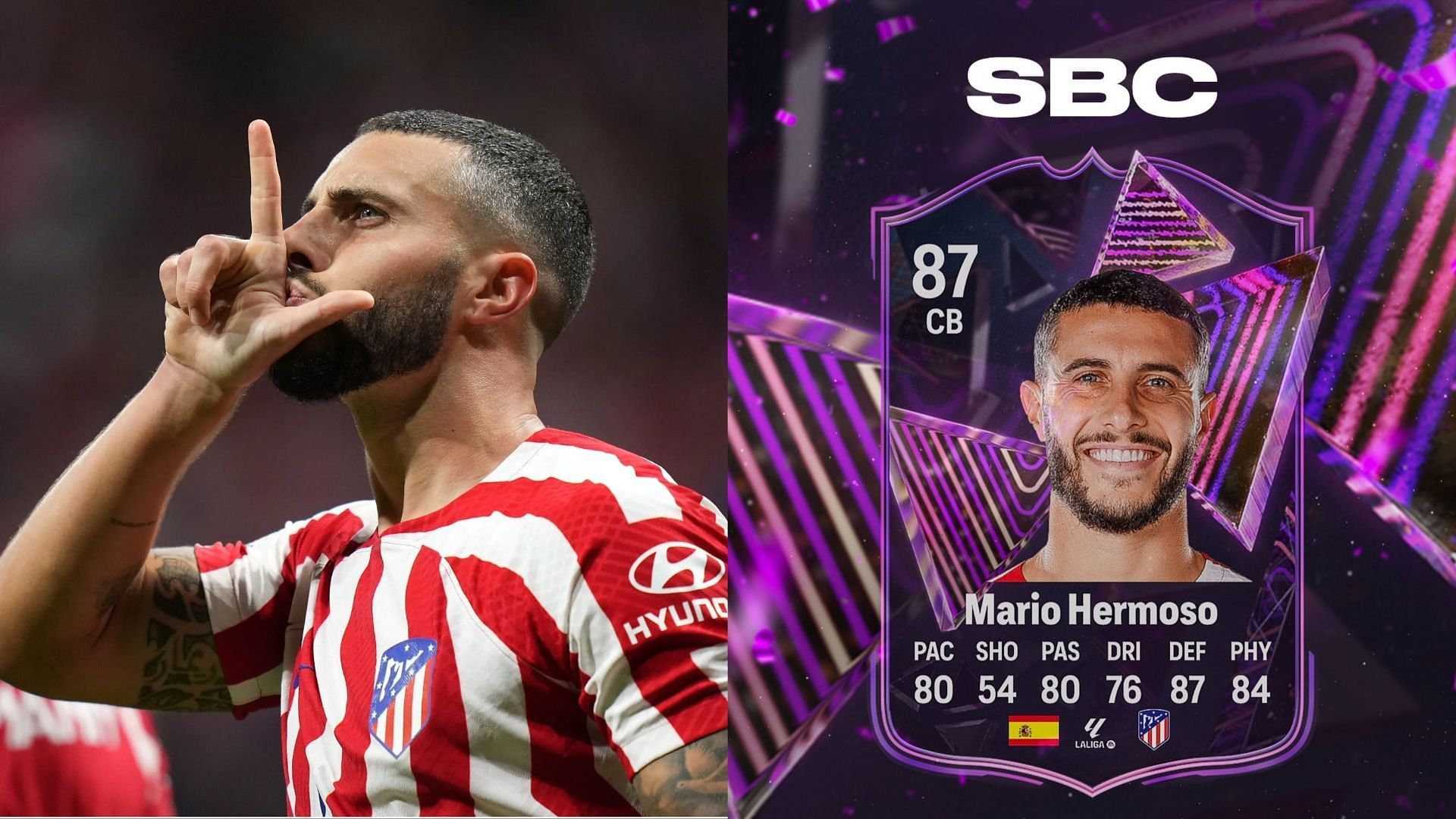 Mario Hermoso is expected to arrive as a SBC in the EA FC 24 Triple Threat promo (Images via Getfootballnewsspain, Twitter/ Fut Sheriff)