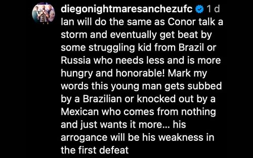 Deigo Sanchez's full comment on Instagram. [via Instagram @diegonightmaresanchezufc]