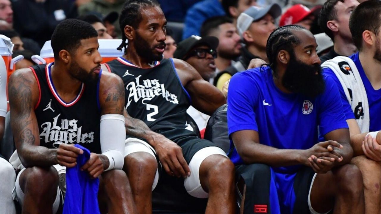Paul George, Kawhi Leonard, James Harden (L-R) during Clippers loss to Dallas