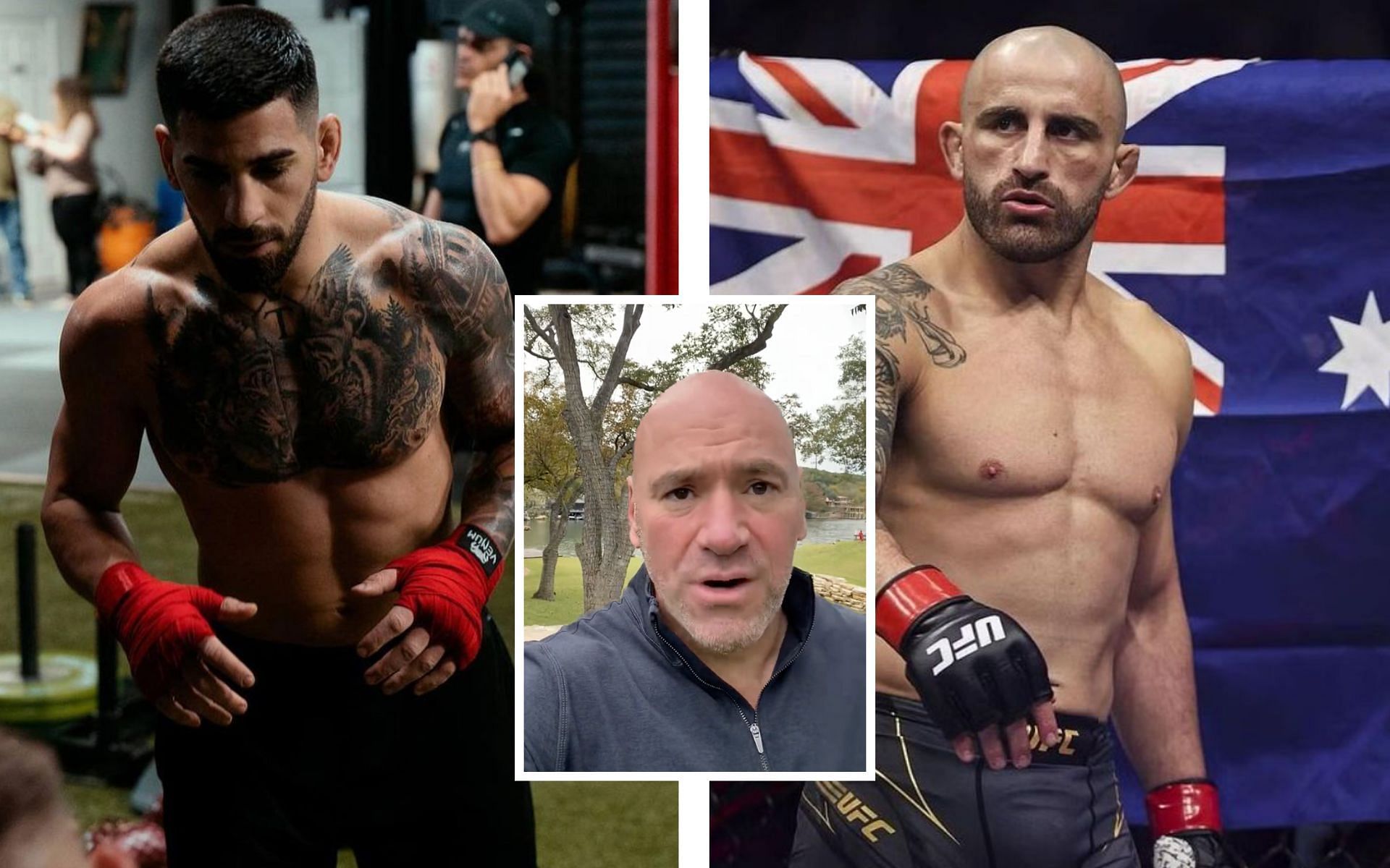 Dana White (center) making an announcement on Alexander Volkanovski (right) vs. Ilia Topuria (left) [Photo Courtesy @danaewhite on X, @iliatopuria and @alexvolkanovski on Instagram]