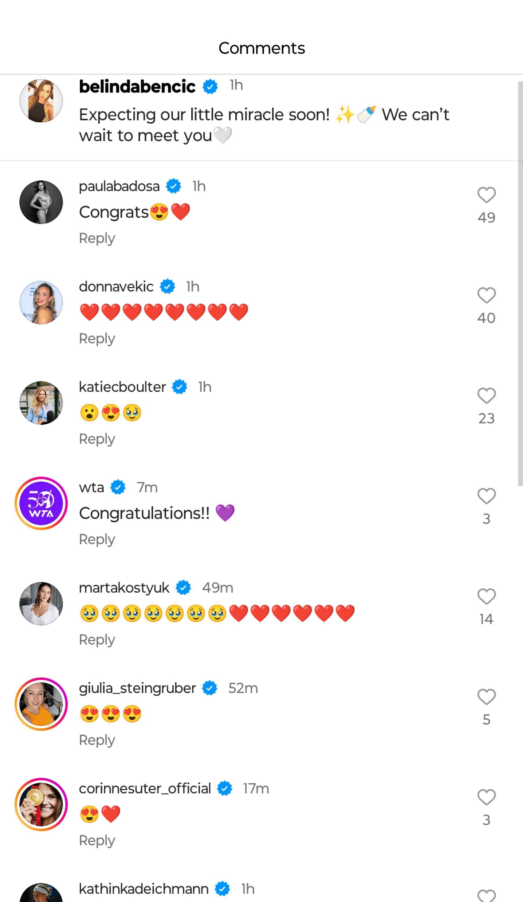 Comments under Bencic&#039;s Instagram post