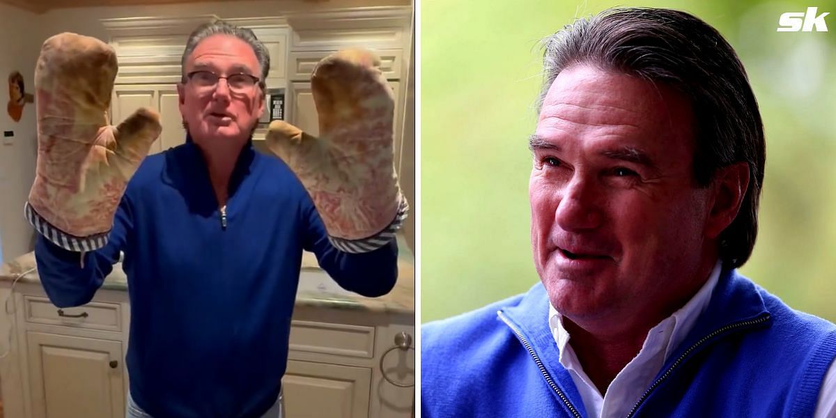 Jimmy Connors shows his cooking gloves (L).