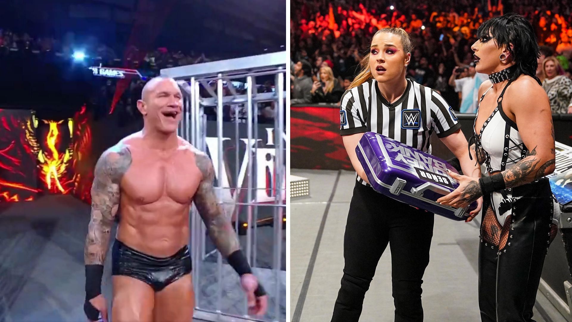Randy Orton on the left, Rhea Ripley on the right