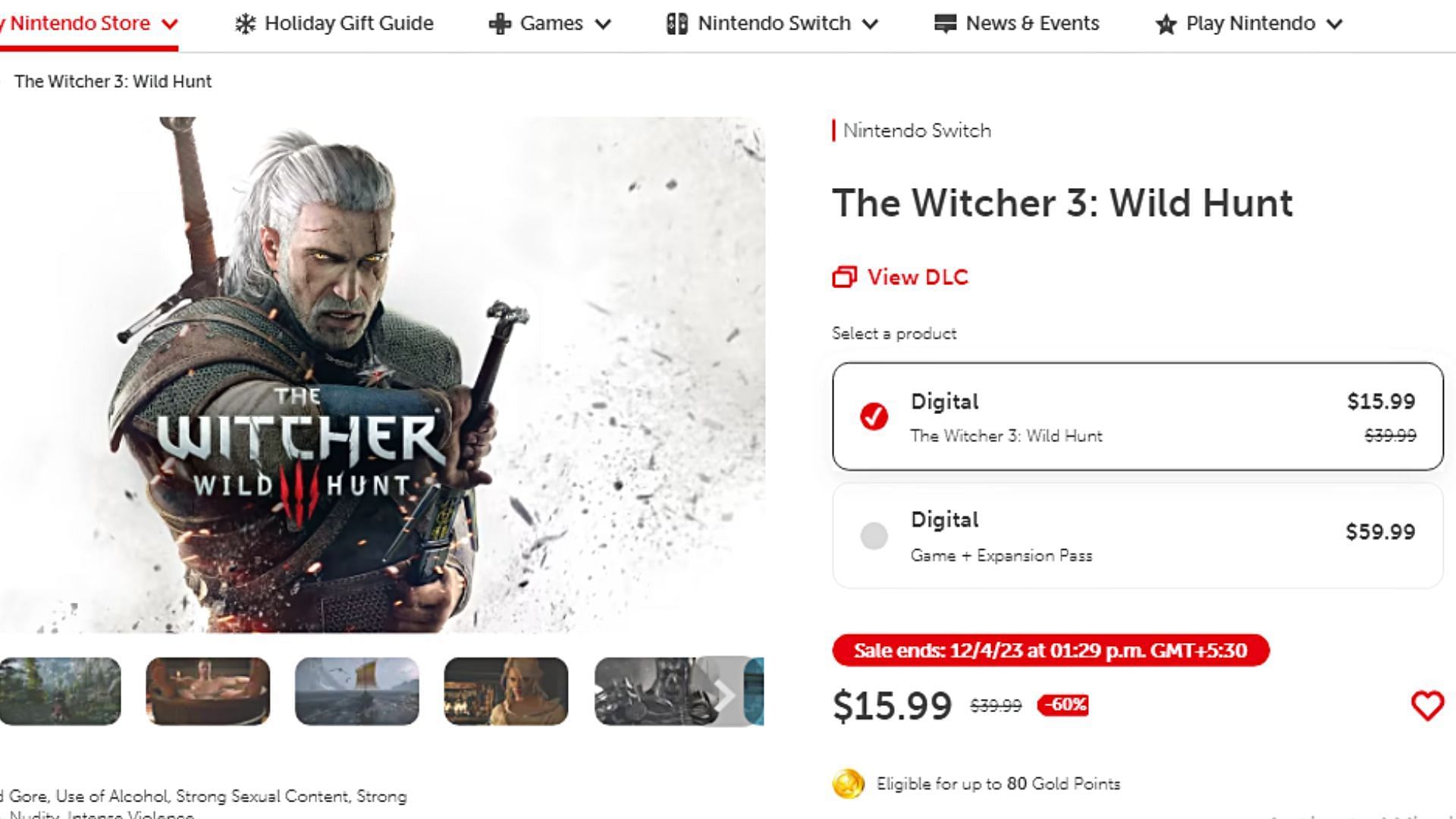 Witcher 3: Wild Hunt&#039;s page on the Nintendo store (Image via nintendo.com)