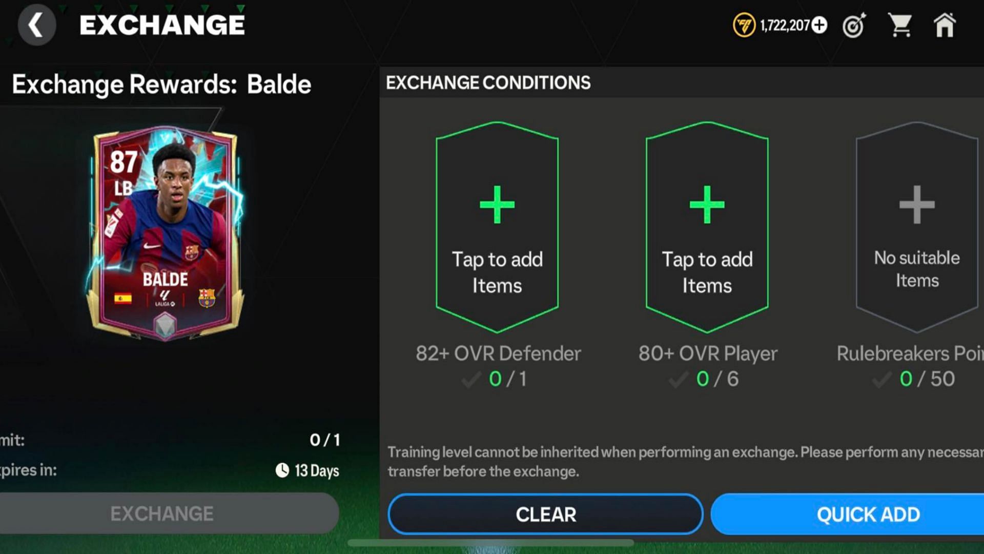 Rulebreakers Alejandro Balde exchange process (Image via EA Sports)